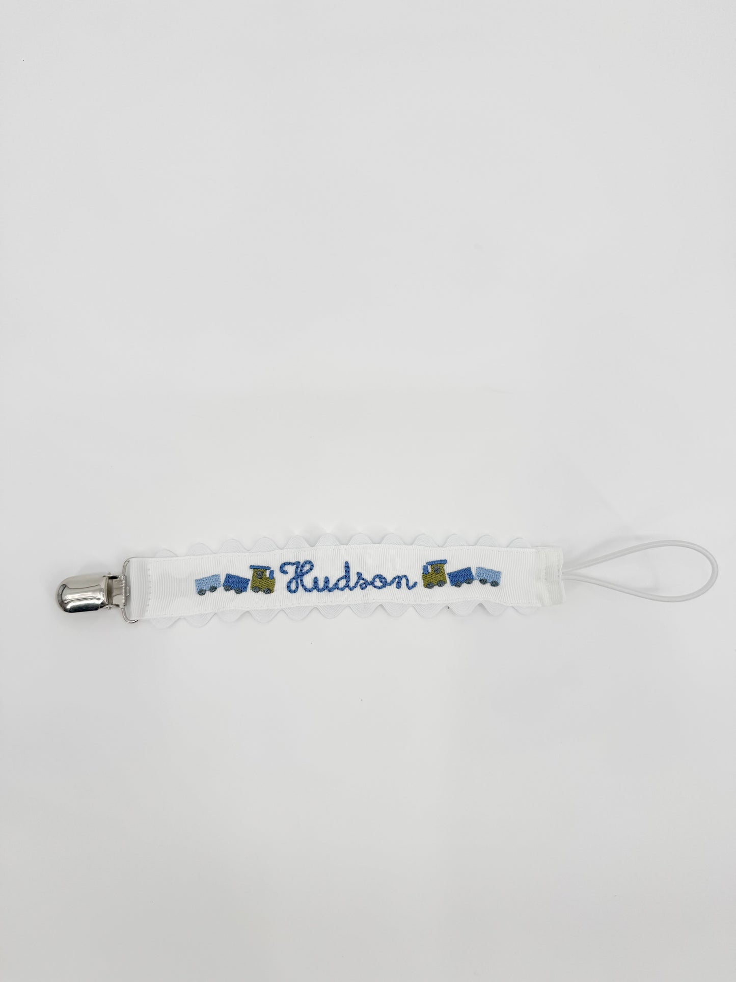 Embroidered Paci Clip - Trains