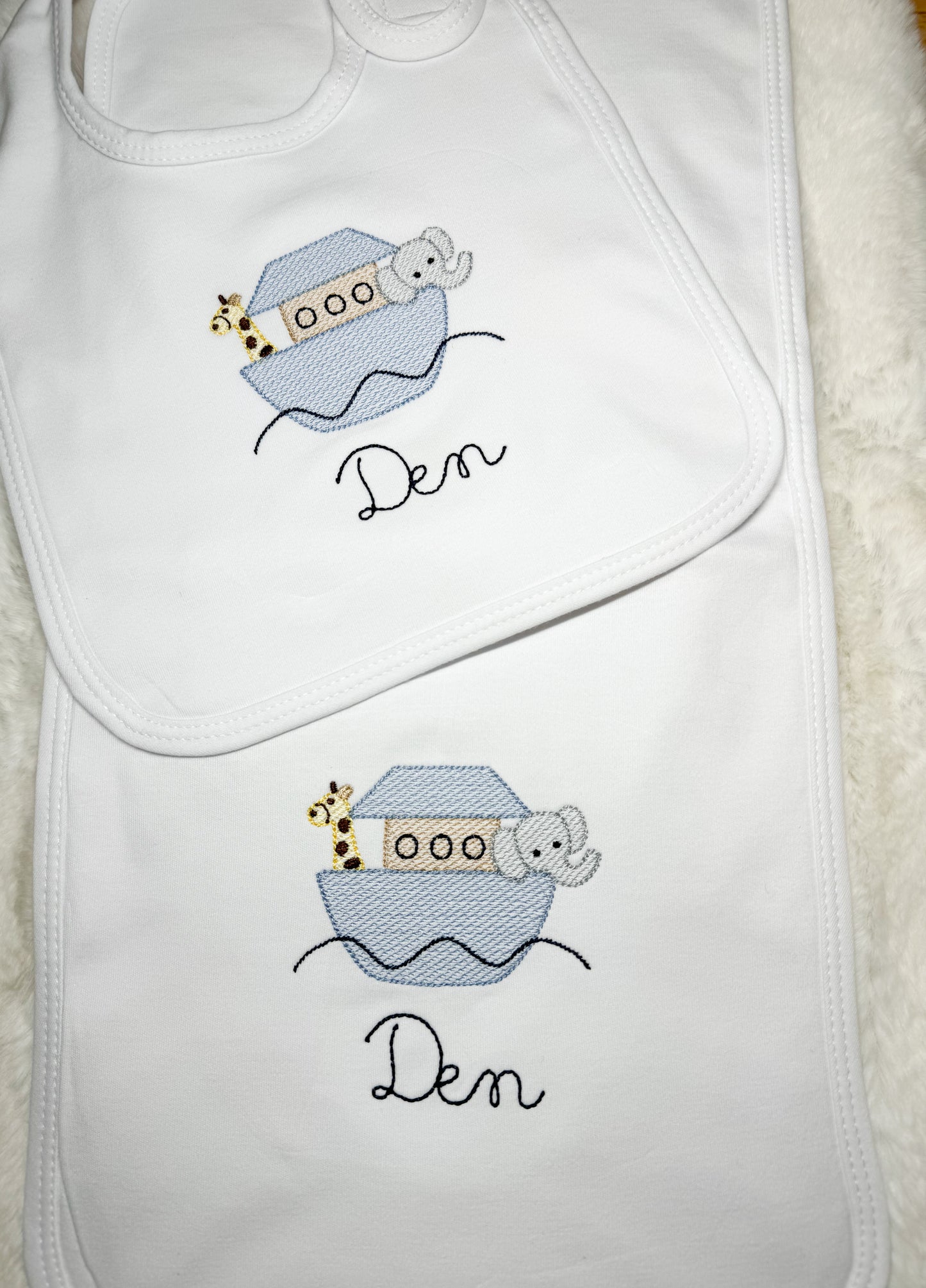 Noahs Ark White Bib & Burp Cloth Set