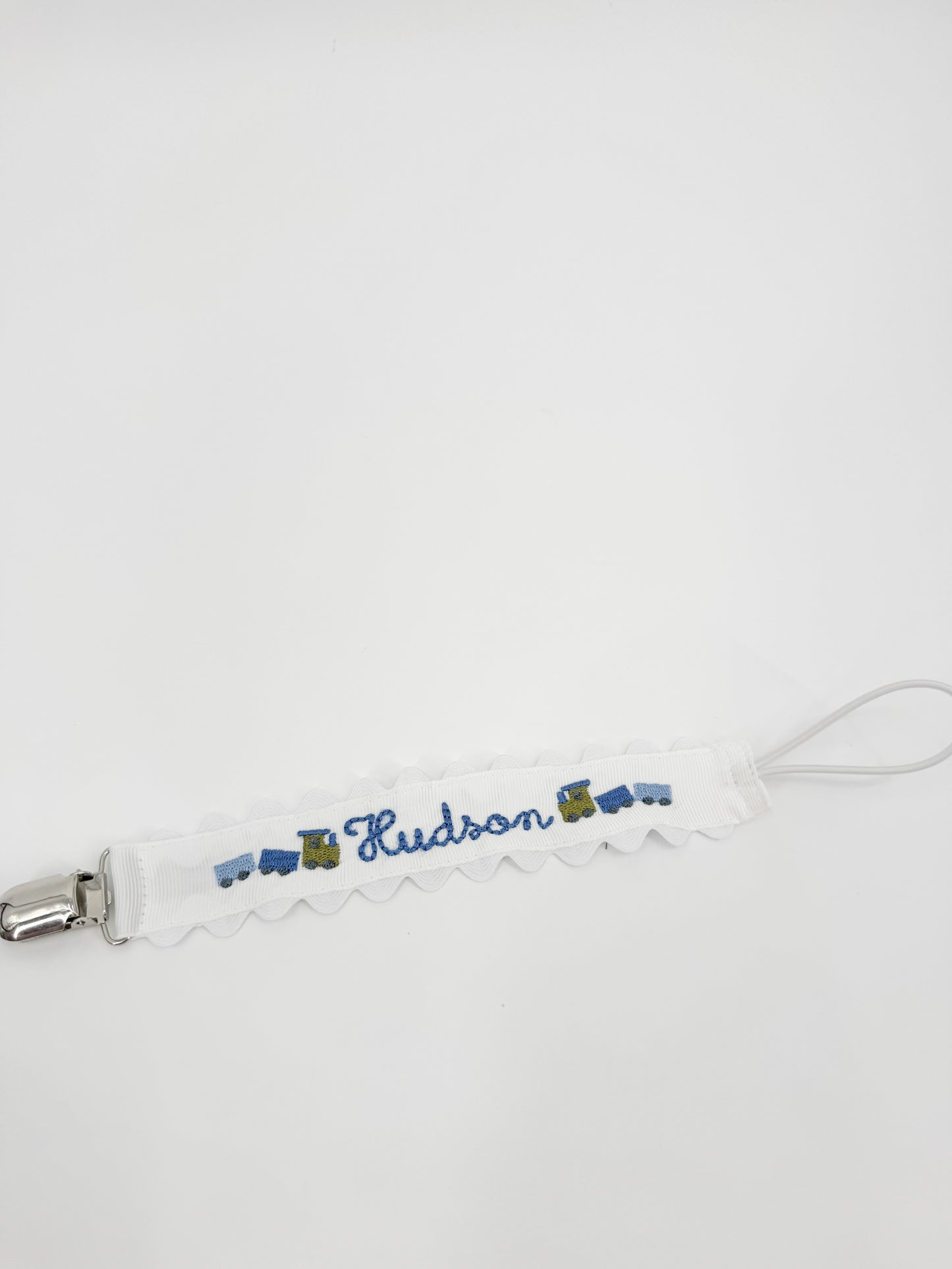 Embroidered Paci Clip - Trains
