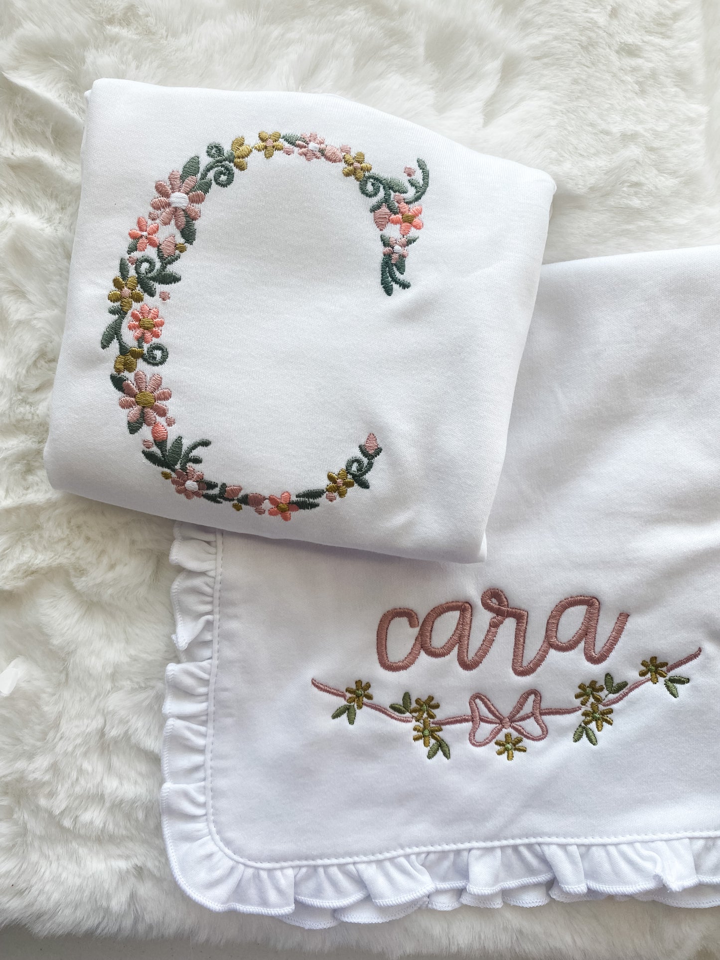 Floral Bow White Ruffle Burp Cloth