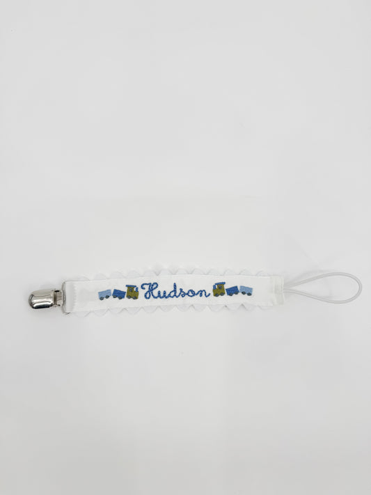 Embroidered Paci Clip - Trains